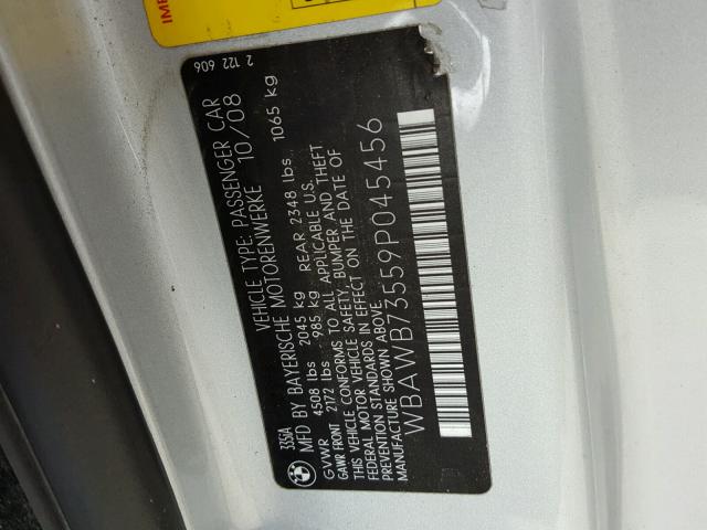 WBAWB73559P045456 - 2009 BMW 335 I SILVER photo 10