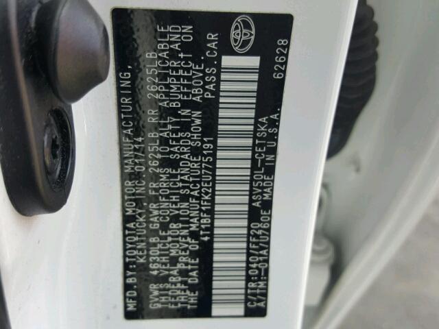 4T1BF1FK2EU775191 - 2014 TOYOTA CAMRY L WHITE photo 10