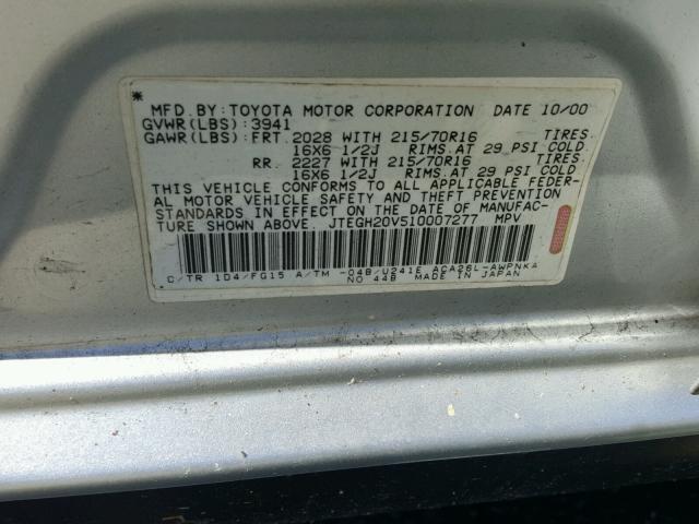 JTEGH20V510007277 - 2001 TOYOTA RAV4 SILVER photo 10