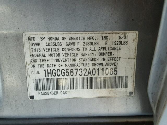 1HGCG56732A011065 - 2002 HONDA ACCORD SE SILVER photo 10