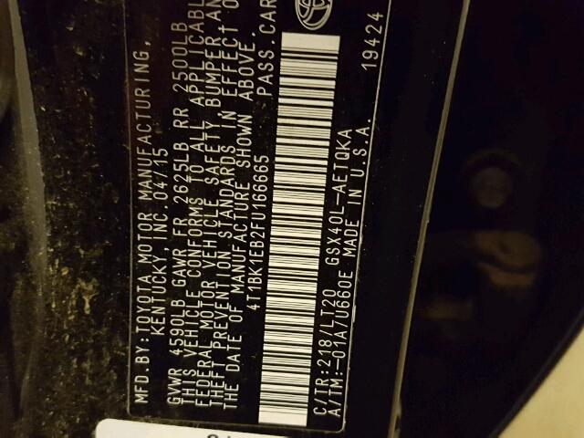 4T1BK1EB2FU166665 - 2015 TOYOTA AVALON XLE BLACK photo 10