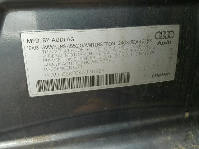 WAUJC68E04A110381 - 2004 AUDI A4 1.8T GRAY photo 10