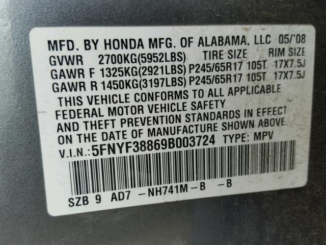 5FNYF38869B003724 - 2009 HONDA PILOT TOUR GRAY photo 10