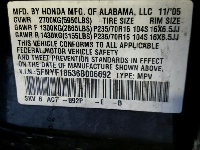 5FNYF18636B006692 - 2006 HONDA PILOT EX BLACK photo 10