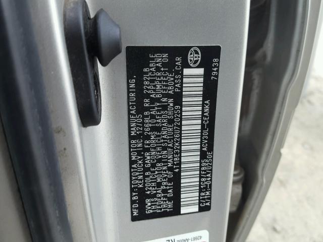 4T1BE32K26U720259 - 2006 TOYOTA CAMRY LE SILVER photo 10