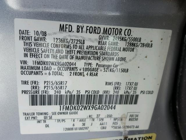 1FMDK02WX9GA02044 - 2009 FORD TAURUS X S SILVER photo 10