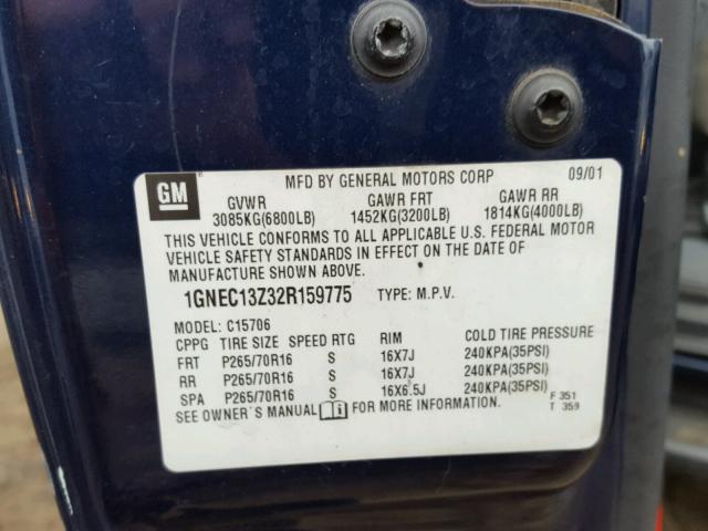 1GNEC13Z32R159775 - 2002 CHEVROLET TAHOE C150 BLUE photo 10