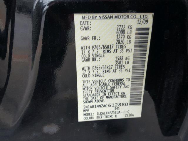 5N1AR1NN2AC612880 - 2010 NISSAN PATHFINDER BLACK photo 10