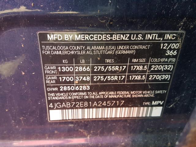 4JGAB72E81A245717 - 2001 MERCEDES-BENZ ML 430 BLUE photo 10