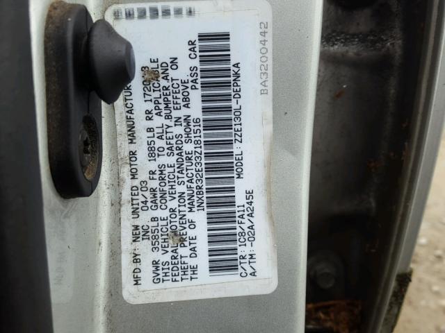 1NXBR32E33Z181516 - 2003 TOYOTA COROLLA CE SILVER photo 10