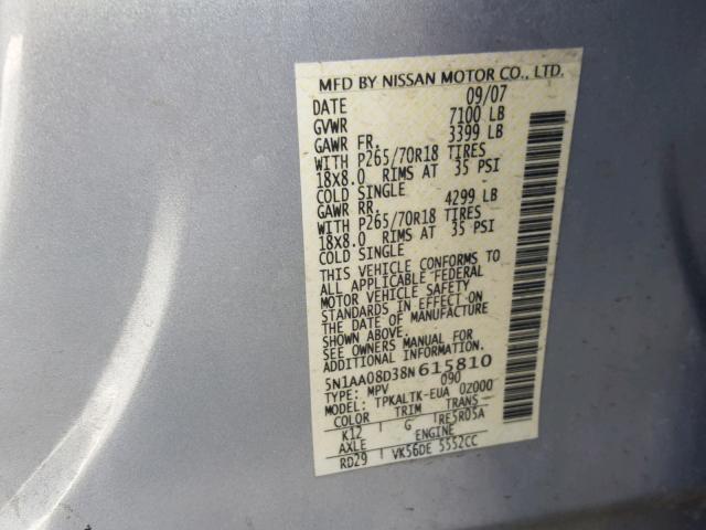 5N1AA08D38N615810 - 2008 NISSAN ARMADA SE SILVER photo 10