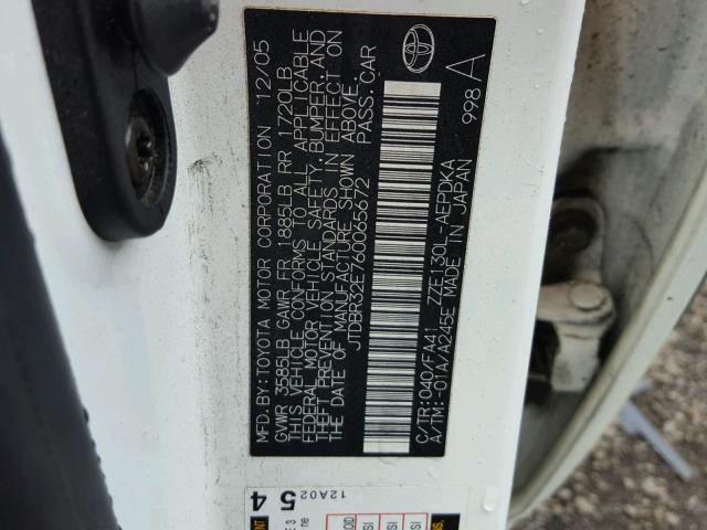 JTDBR32E760065672 - 2006 TOYOTA COROLLA CE WHITE photo 10