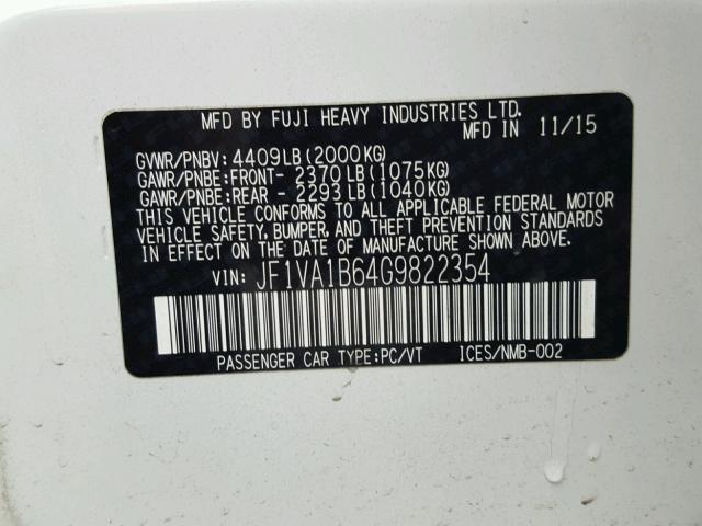 JF1VA1B64G9822354 - 2016 SUBARU WRX WHITE photo 10