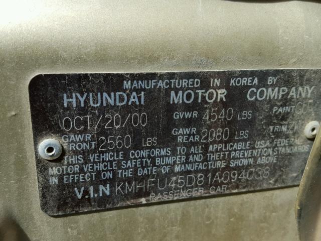 KMHFU45D81A094038 - 2001 HYUNDAI XG 300 GOLD photo 10