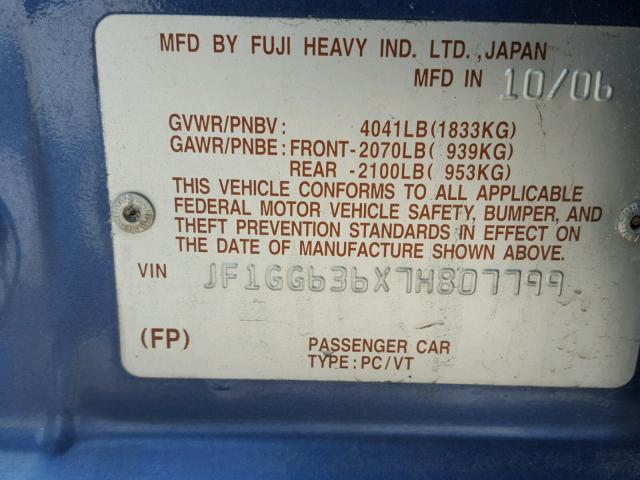 JF1GG636X7H807799 - 2007 SUBARU IMPREZA OU BLUE photo 10