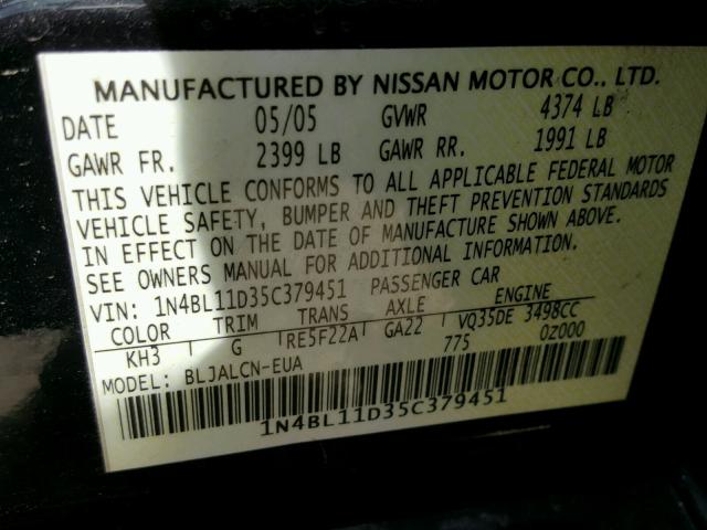 1N4BL11D35C379451 - 2005 NISSAN ALTIMA SE BLACK photo 10