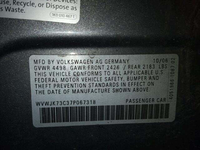 WVWJK73C37P067318 - 2007 VOLKSWAGEN PASSAT GRAY photo 10