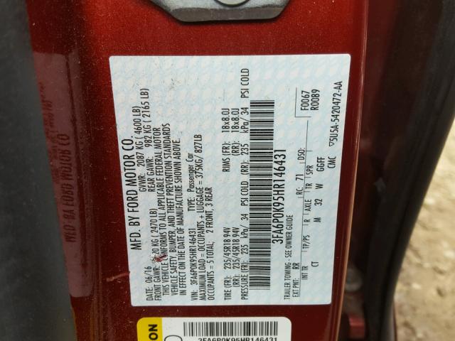 3FA6P0K95HR146431 - 2017 FORD FUSION TIT RED photo 10