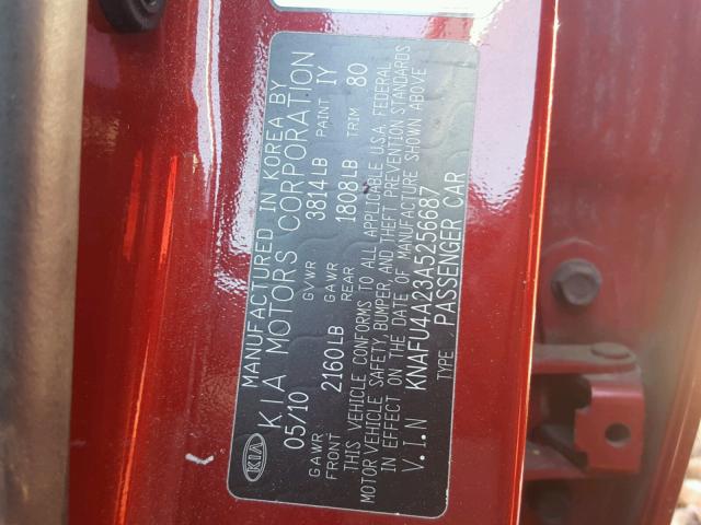 KNAFU4A23A5256687 - 2010 KIA FORTE EX RED photo 10