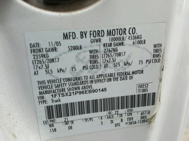 1FTSX21P96EB90145 - 2006 FORD F250 SUPER WHITE photo 10