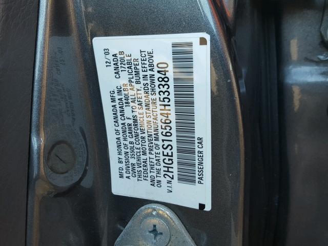 2HGES16564H533840 - 2004 HONDA CIVIC LX GRAY photo 10