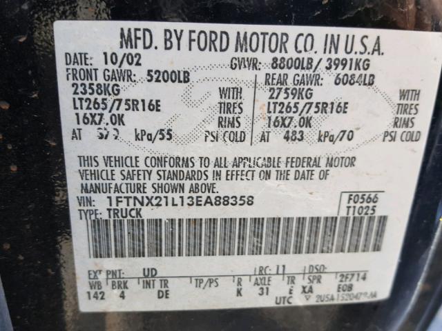 1FTNX21L13EA88358 - 2003 FORD F250 SUPER BLACK photo 10