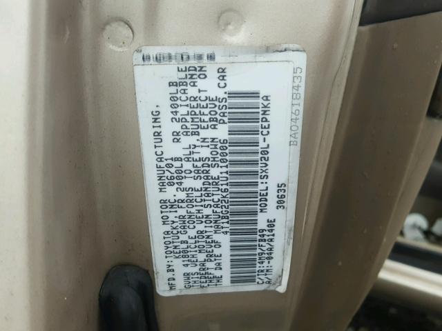 4T1BG22K61U110006 - 2001 TOYOTA CAMRY CE TAN photo 10