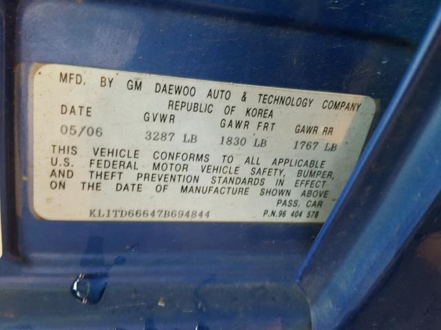 KL1TD66647B694844 - 2007 CHEVROLET AVEO BASE Կապույտ լուսանկար 10