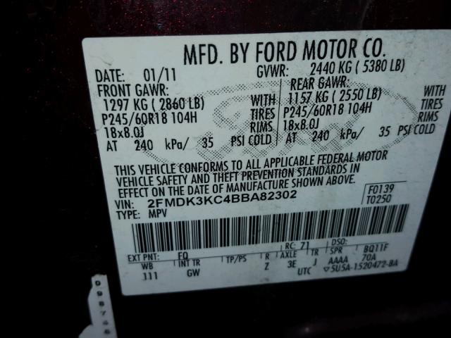 2FMDK3KC4BBA82302 - 2011 FORD EDGE LIMIT PURPLE photo 10