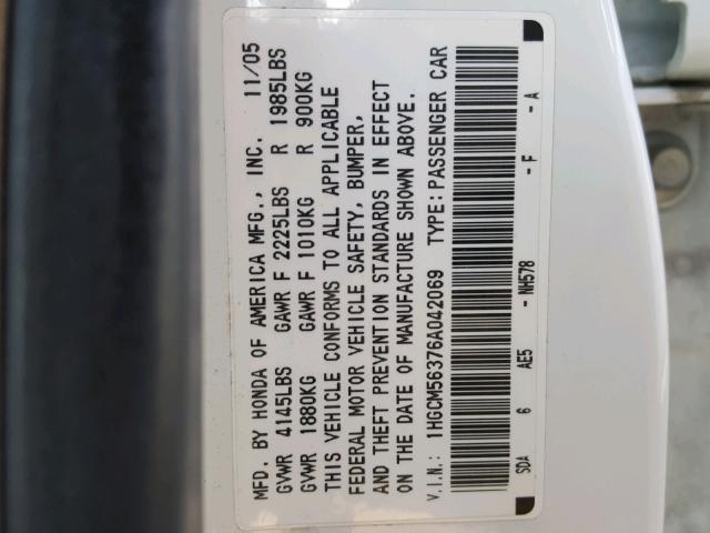 1HGCM56376A042069 - 2006 HONDA ACCORD SE WHITE photo 10