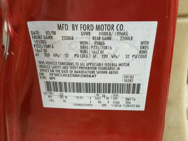 1FMCU03Z58KD86647 - 2008 FORD ESCAPE XLT RED photo 10