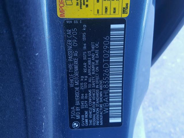 WBAHL83526DT02906 - 2006 BMW 750 I GRAY photo 10