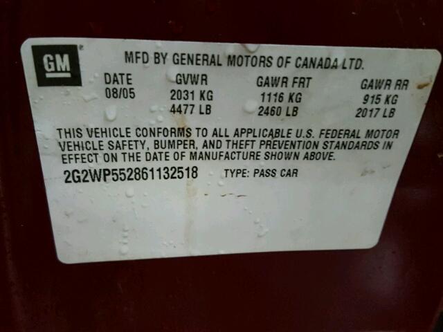 2G2WP552861132518 - 2006 PONTIAC GRAND PRIX MAROON photo 10