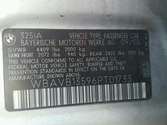 WBAVB13596PT01733 - 2006 BMW 325 I SILVER photo 10