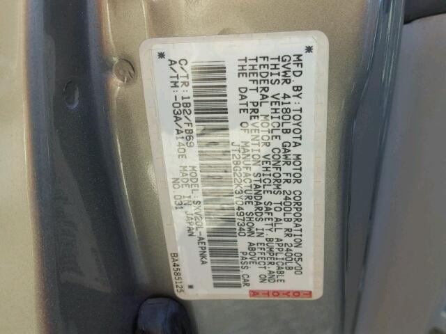 JT2BG22K3Y0497340 - 2000 TOYOTA CAMRY CE GRAY photo 10