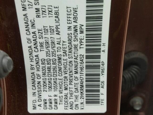 2HKRM4H71FH616452 - 2015 HONDA CR-V EXL BURGUNDY photo 10