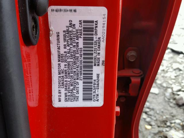 2T1KR38E33C140103 - 2003 TOYOTA COROLLA MA RED photo 10