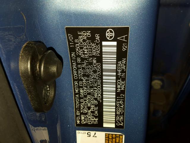 JTDKB20UX87730583 - 2008 TOYOTA PRIUS BLUE photo 10