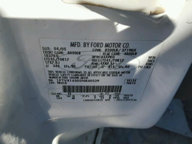 1FTVX14505NB40539 - 2005 FORD F150 WHITE photo 10