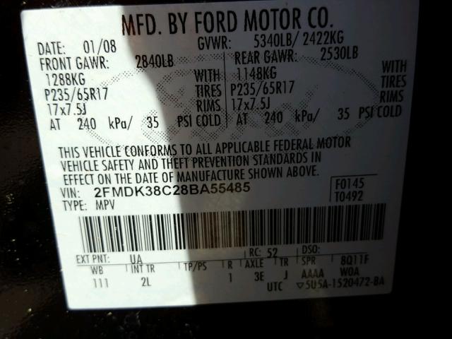 2FMDK38C28BA55485 - 2008 FORD EDGE SEL BLACK photo 10