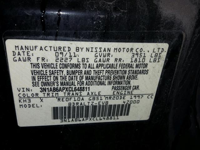 3N1AB6APXCL648811 - 2012 NISSAN SENTRA 2.0 BLACK photo 10