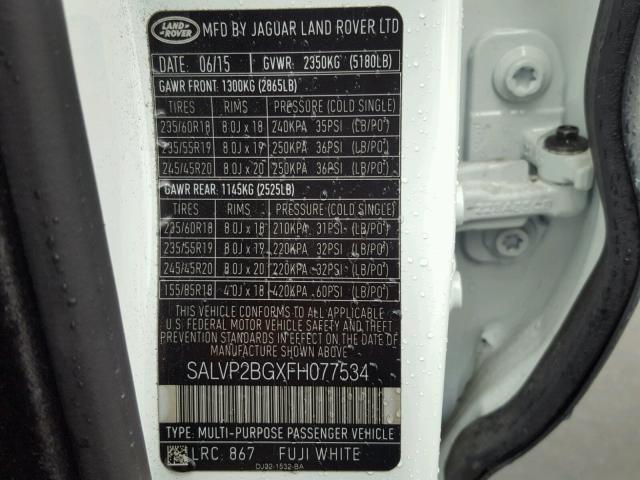 SALVP2BGXFH077534 - 2015 LAND ROVER RANGE ROVE WHITE photo 10