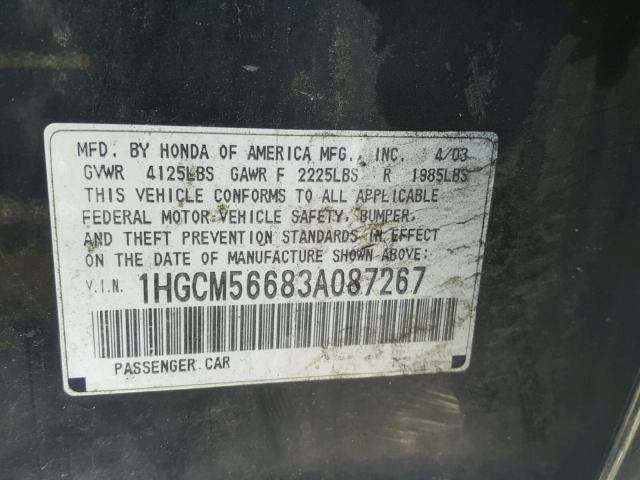 1HGCM56683A087267 - 2003 HONDA ACCORD EX BLACK photo 10