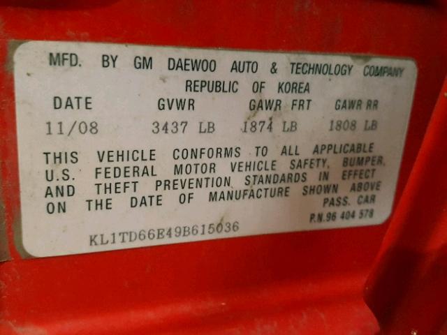 KL1TD66E49B615036 - 2009 CHEVROLET AVEO LS 红色 照片 10