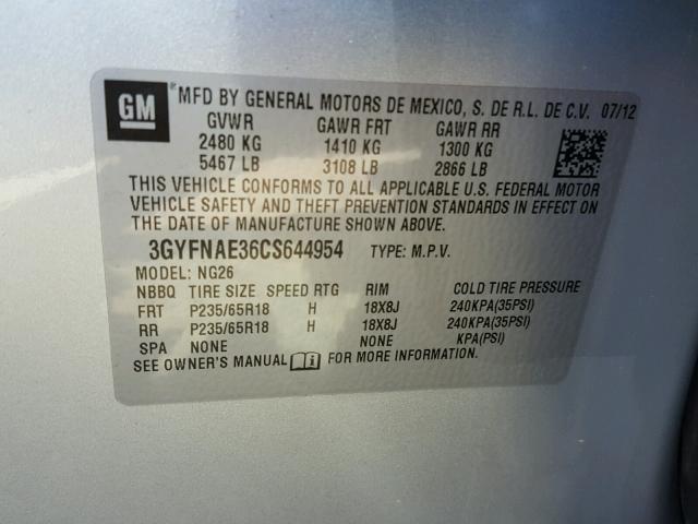 3GYFNAE36CS644954 - 2012 CADILLAC SRX LUXURY SILVER photo 10