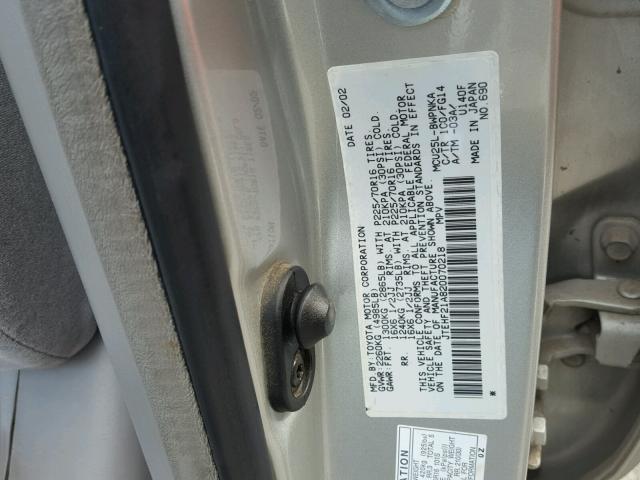 JTEHF21A820070218 - 2002 TOYOTA HIGHLANDER SILVER photo 10