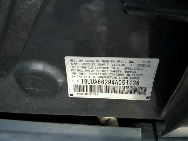 19UUA66294A051136 - 2004 ACURA TL GRAY photo 10