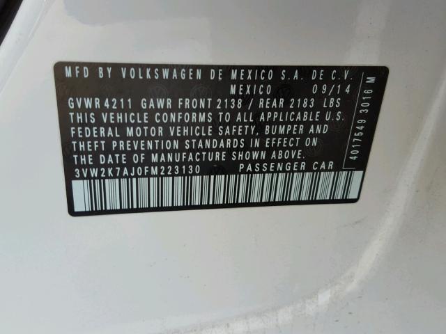 3VW2K7AJ0FM223130 - 2015 VOLKSWAGEN JETTA BASE WHITE photo 10