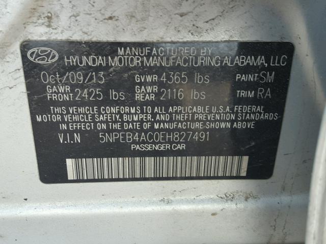 5NPEB4AC0EH827491 - 2014 HYUNDAI SONATA GLS SILVER photo 10