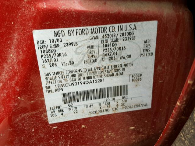 1FMCU93194DA12281 - 2004 FORD ESCAPE XLT RED photo 10